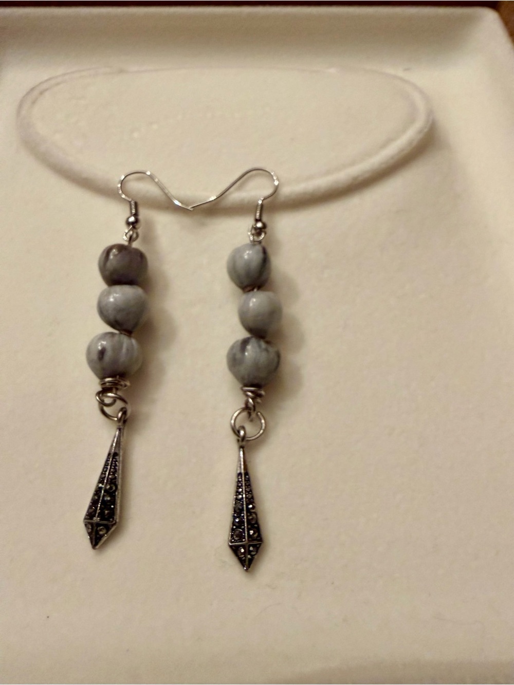 Gray Beaded Dangling Earrings with Silver Accent Charm